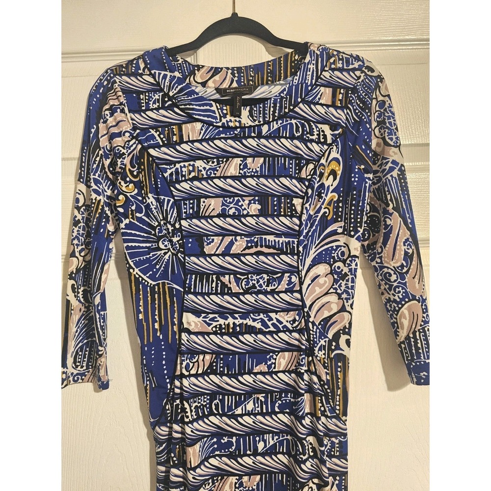 BCBG MaxAzria Dress Size Small Blue Printed Paneled Formal Sheath 3/4 Sleeves - Picture 2 of 10